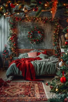 a bedroom decorated for christmas with red and green decorations on the walls, wreaths and garland