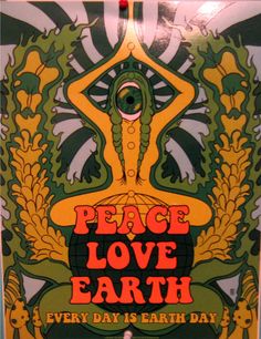 the poster for peace love earth is displayed in front of a white and black background