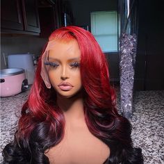 26” Frontal Wig Burgundy Lace Front Wig Styles, Red Roots Black Hair Wig, Red Lace Front Wigs Hairstyles, Cherry Red Wig For Black Women, Red And Black Lace Front Wig, Red To Black Hair, Synthetic Wig Hairstyles, Red Wig For Black Women, Unique Wigs