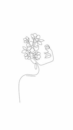 a line drawing of a woman's face with flowers in her hair