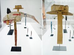 two pictures of different types of objects on display