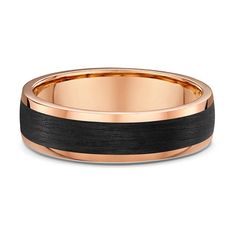 men's wedding band with black wood inlay and rose gold plated center