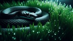 a snake in the grass with dew drops