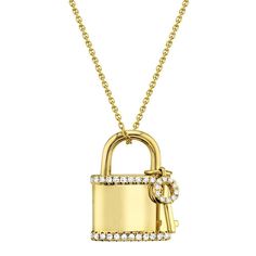 14 Karat Gold .21 Carat Total Weight Diamond Lock & Key Necklace. The Necklace is 18 Inches in Length and has Multiple Jump Rings to be able to wear in other Lengths. The Diamonds are G-H in Color and SI in Clarity. The Necklace is Available in Yellow, White and Rose Gold. Metal Type: 14K Metal Weight: 4.8 Gr.Side Stone Shape: RoundSide Stone Weight: 0.21 Ct.Dimensions & Other Information: 0.60"L / 0.45"W dimensions for pendant Diamond Fashion Jewelry, Lock Pendant, Key Pendant Necklace, Studded Necklace, Locks & Key, Key Necklace, Lock And Key, Buying Diamonds, Deco Jewelry