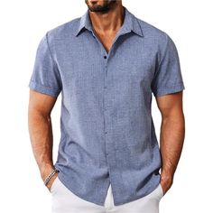 Men's Button Down Shirt Is Made Of Premium Linen Fabric, Which Is Lightweight, Breathable, Soft And Comfortable, And Anti-Shrinkage. Keeping You Cool And Comfortable All Day. Mens Linen Shirts Featuring A Spread Collar, Rolled Cuffs, Relaxed Fit, And Hidden Front Buttons For A Chic Look. Enjoy Your Leisure Time In This Nice Summer Beach Shirt. This Men's Beach Shirt Pairs With Solid Color T-Shirts, Shorts, Jeans, Slacks, A Hat And Sunglasses For The Perfect Beach Vacation Style. It's A Thoughtfu Blue Short Sleeve Shirt With Casual Collar For Spring, Casual Light Blue Top With Spread Collar, Casual Light Blue Top With Placket, Blue Tops With Button Closure And Casual Collar, Light Blue Casual Top With Placket, Casual Blue Shirt With Spread Collar, Casual Light Blue Button-up Short Sleeve Shirt, Blue Business Casual Shirt For Summer, Light Blue Tops For Business Casual Summer