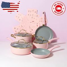 pink pots and pans with american flag background