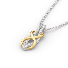 A beautiful way to tell her you'll love her for eternity, this stunning necklace offers that sentiment in shimmering style. Created in two-toned sterling silver, this design pairs polished yellow gold and stone-lined white gold ribbons together in an elegant looping infinity pattern. Celebrate your everlasting love with this darling fashion pendant.Carat Weight: 0.38 ctStone Size: 1 mmStone Type: Jeulia® StoneNumber of Stones: 38 Stone Shape: RoundStone Color: Diamond WhiteWeight: 3.57 gWidth: 9 White Jewelry With A Modern Twist For Anniversary, Infinity Necklace With Diamond Accents For Anniversary, White Infinity Necklace For Anniversary, Elegant White Infinity Necklace, Elegant White Necklaces For Anniversary Gift, Infinity Pattern, Sterling Necklace, Fashion Pendant, Pretty Necklaces