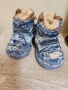 I used a pair of gently worn Ugg boots infant size 6 with distressed denim Baby Ugg Boots, Jean Collection, Shoes Jeans, Custom Denim, Boys Denim, Girls Boots, Ugg Boots, Distressed Denim, Girls Shoes