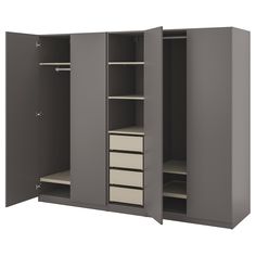 an open gray cabinet with drawers and shelves