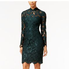 New Lace Dress With Tag Hidden Back Zipper With Hook-And-Eye Closure Hits Above Knee Illusion Lace Mock Turtleneck, Sweetheart At Bust; Sheath Silhouette Long Illusion Lace Sleeves Allover Floral Lace Scalloped Hem Polyester/Cotton/Spandex; Lining: Polyester Knee-length Lace Dress For Fall Formal Events, Elegant Lace Dress For Fall, Fitted Knee-length Lace Dress For Fall, Elegant Knee-length Lace Dress For Fall, Fall Cocktail Lace Dress Fitted, Elegant Green Holiday Midi Dress, Fitted Lace Dress For Fall Cocktail, Fitted Lace Dress For Fall Cocktail Events, Fitted Lace Dress For Dinner In Spring