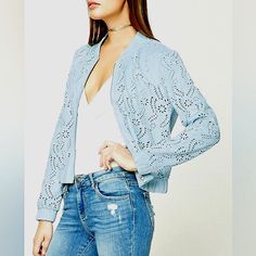 A Super Stylish Forever 21 Faux Suede Bomber Jacket Featuring A Laser-Cut Floral Design, A Basic Collar & Elasticized Hem In Soft & Neutral Sky Blue. Peefect All Year As A Fashionable & Lightweight Cover For Chills Of A Brisk Night. Nwt -Brand New Faux Suede -Polyester Zip Close Long Sleeves Free Shipping Plus 10% All Bundles $10 Off Your First Spashmark Purchase Sign Up Code Poshgramgirl Coastal Nautical Avant-Garde Riviera Vacation Winter Fall Spring Forever 21 Long Sleeve Spring Outerwear, Trendy Summer Outerwear By Forever 21, Trendy Spring Outerwear For Brunch, Trendy Fitted Outerwear For Brunch, Trendy Spring Brunch Outerwear, Fitted Spring Outerwear By Forever 21, Spring Blue Outerwear From Forever 21, Forever 21 Spring Outerwear For Work, Vacation Winter