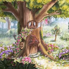 a painting of a tree house in the middle of a field with flowers and trees