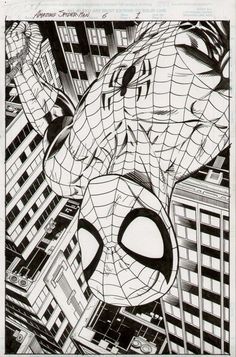 a black and white drawing of spider - man in the city with skyscrapers behind him