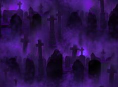 an image of a cemetery with purple fog in the air and tombstones all around