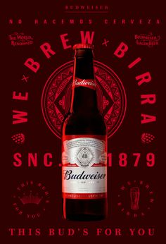 a bottle of budweiser beer on a red background