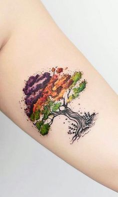 a colorful tree tattoo on the arm