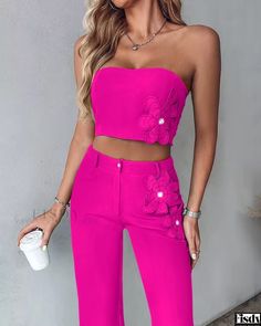 Fisdy - Chic Floral Bandeau Top and Pants Ensemble Mid Waist Pants, Elegant Pant, Chic Type, Top And Pants Set, Printed Bodycon Dress, Floral Decoration, Top Pants Set, Bandeau Top, Pants Pattern