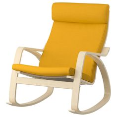 a white rocking chair with yellow cushions on it's back and seat padding