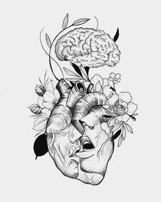 a drawing of a human heart with flowers and leaves on the side, in black and white