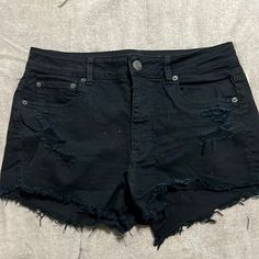 Never Worn American Eagle Distressed Shorts Black Cotton Shorts With Frayed Hem, Black Cotton Jean Shorts With Frayed Hem, Black Distressed Jean Shorts, Edgy Dark Wash Cotton Shorts, Cheap Black Grunge Jean Shorts, Black Ripped Cotton Jean Shorts, Black Ripped High-rise Jean Shorts, Distressed Black Cotton Shorts, Distressed Cotton Black Shorts