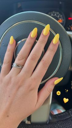 Yellow Acrylics Almond, Yellow Oval Acrylic Nails, Yellow Almond Shaped Nails, Summer Nail Yellow, Short Yellow Almond Nails, Solid Yellow Nails, Hot Yellow Nails, Nails For Summer Yellow, Yellow Nails Almond Shape