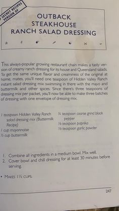 a recipe for steak and steakhouse ranch salad dressing is posted on a piece of paper