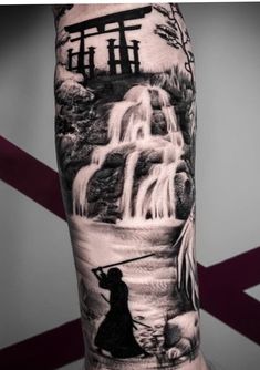 Japanese Temple Tattoo, Japanese Forearm Tattoo, Tattoo Japonais, Waterfall Tattoo, Samurai Tattoo Sleeve, Geisha Tattoo Design, Guerriero Samurai, Japanese Tattoos For Men