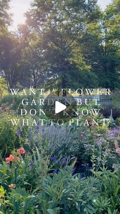 a garden with lots of flowers and trees in the background that says, want that flower garden but don't know what to plant