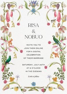 a wedding card with flowers and birds on the front, in white paper that says risa and nobuo