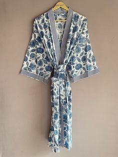 Cotton Kimono Made From Hand Block Printed Fabric.It Is Hand Printed Fabric Using Natural Dyes. Item - Indian Handmade Women Bathrobe Kimono Dress , Gown , Beach Cover Up , Kaftan Material - 100% Cotton Size -One Size US Women's Letter Product: 1 PC Floral Printed Cotton Kimono Pattern : Floral Print Measurements Or Sizes: Bust - 46 Inch - 120 Cm  Length - 39 Inch - 100 Cm Sleeves Length - 14 Inch/ 35 Cm Size: Free Size Note: The Color And Brightness Of Actual Product May Vary Due To Digital Pho White Cotton Sleepwear For Vacation, White Printed Kimono For Loungewear, Blue Cotton Sleep Kimono, Printed White Sleepwear For Vacation, Printed White Vacation Sleepwear, White Printed Sleepwear For Vacation, Cotton Pajama Set Women, Long Caftan Dress, Cotton Bathrobe