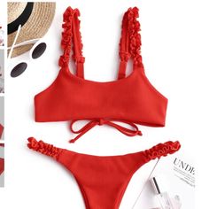 Zaful Ribbed Lace Up Ruffle Bikini Nwt Size: M (Runs Small) Adorable Ruffle Detail Flattering Scrunch Back With Minimal Coverage Low Rise Bathing Suits, Plus Size Hairstyles, Zaful Bikinis, Cheap Swimsuits, Swimwear Store, White Bikinis, Cute Bikinis, Bra Styles, Beach Wear