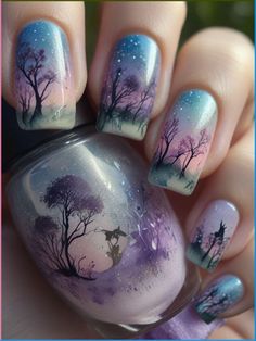 Step into a magical world with these enchanting forest-themed nail art designs! 💅🏼✨ Featuring a mesmerizing blend of midnight blues and mystical purples, adorned with silhouetted trees and a delicate fairy, it’s a fantasy escape at your fingertips! Perfect for those who love to express their whimsical side. 🧚🏼‍♀️🌳 #NailDesigns #MagicalNails #FairyTaleVibes Enchanted Forest Nails, Nail Background, Forest Nails, Forest Green Nails, Background Nail, Green Nails Designs, Sage Green Nails, Foil Nail Designs, Festive Holiday Nails