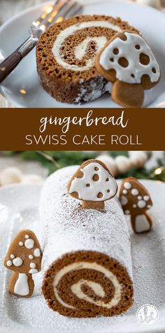 gingerbread swiss cake roll on a white plate