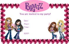 a birthday party card with two girls in pink and purple hearts on the front, one is