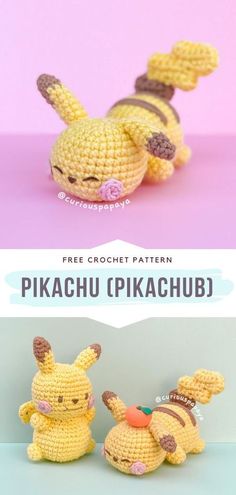 two crocheted pikachu dolls sitting next to each other on a pink background