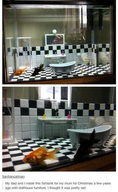 two pictures of a bathroom with black and white tiles on the walls, one has goldfish in it