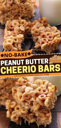 no - bake peanut butter cheerio bars are stacked on top of each other