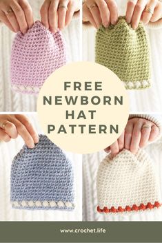 the free crochet hat pattern is shown in four different colors