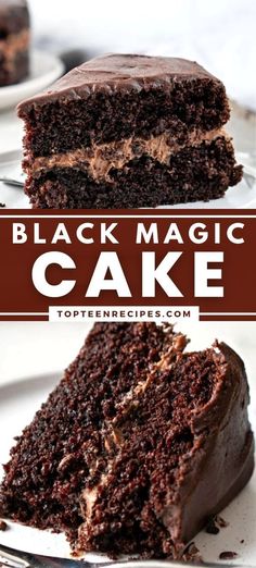 a slice of black magic cake on a plate with a fork and chocolate frosting