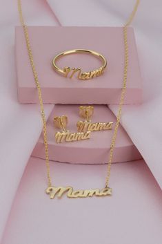 Mama Mothers Day Gift Jewelry Set, 14k Solid Gold Necklace Ring and Earrings Set, Christmas Gift for Mom * Mom Birthday Gift Mother's Day Gift Collection Products are perfect choice for a Christmas, Mother's Day, birthday, wedding, anniversary, gift. It's a good way to show appreciation to your mom, wife, or grandmother Also, a special treat just for yourself. FEATURES * Made to order * Solid Gold (real gold, not gold plated or gold filled material) * Karat: 14 K (585) * Available Gold Color: Ye Fine Jewelry Sets In White Gold As Gift, Elegant Jewelry Sets For Anniversary And Mother's Day, Fine Jewelry Sets In White Gold For Gifts, Elegant Gold Jewelry Sets For Mother's Day, Classic Gold Jewelry Set With Matching Earrings, Classic White Gold Jewelry Sets As Gift, Classic White Gold Jewelry Set Gift, Classic White Gold Jewelry Set For Gifts, Classic White Gold Jewelry Set