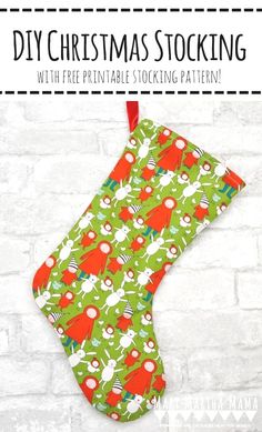 a christmas stocking hanging on a brick wall with the words diy christmas stockings