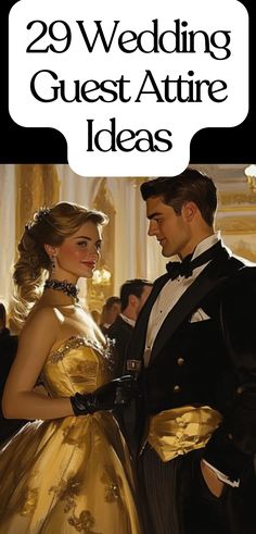 Elegant wedding guest attire featuring a woman in a luxurious gold gown with black gloves and a man in a formal black tuxedo, set in a grand ballroom.