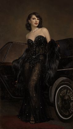 a painting of a woman in a black dress sitting on top of an old car