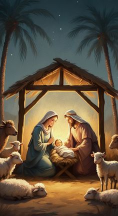 a nativity scene with baby jesus in the manger, surrounded by sheep and palm trees