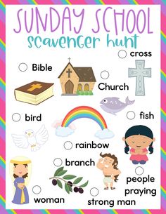 sunday school scavenger hunt for kids with pictures and words to help them learn