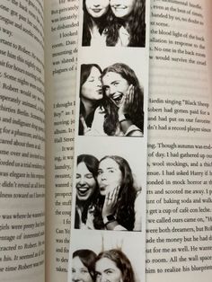 an open book with four pictures of women laughing and hugging each other's faces