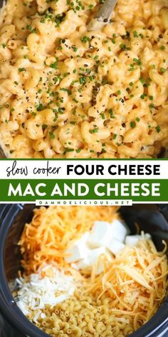 four cheese macaroni and cheese is in the crock pot with parmesan cheese