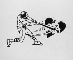 a drawing of a baseball player hitting a ball with a bat on a white background