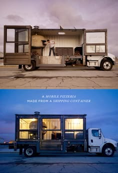 two pictures side by side one with a truck and the other with an open door