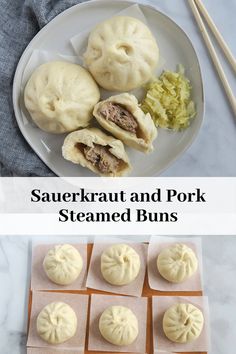 some food is on a plate with chopsticks next to it and the words sauerkraut and pork steamed buns